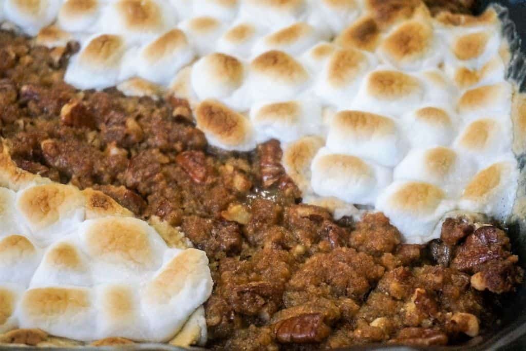 Sweet Potato Casserole With Pecan Topping and Marshmallow Rows