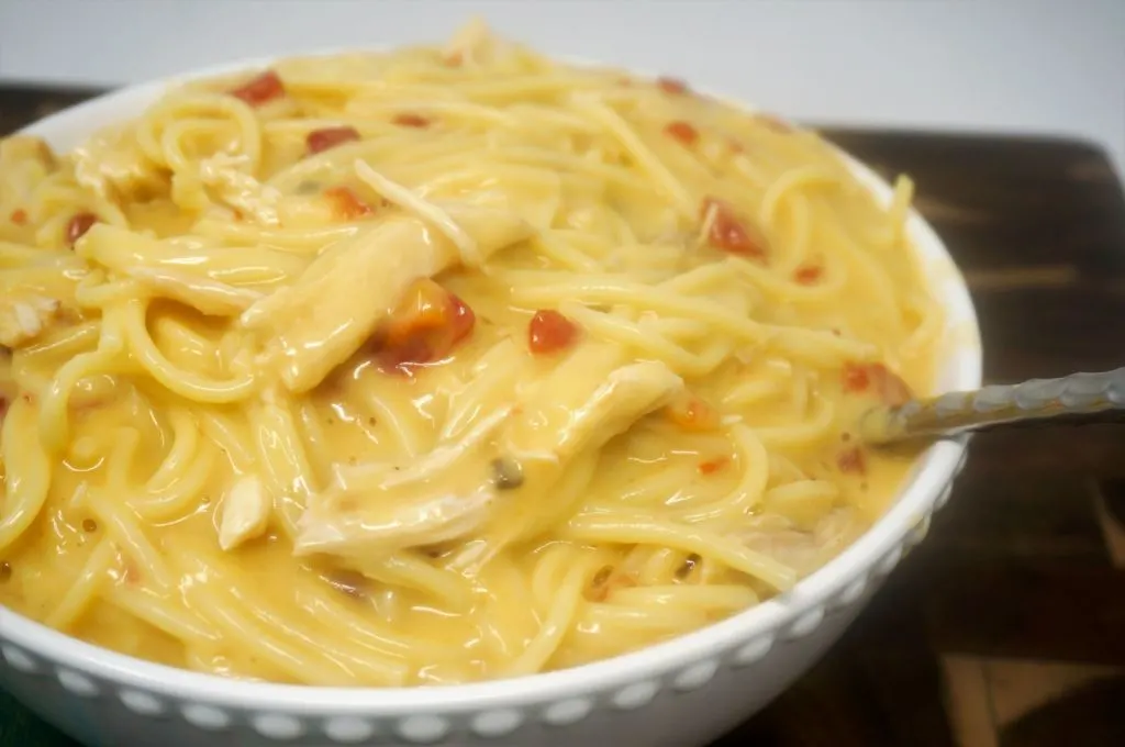 Instant Pot Chicken Spaghetti with cream of mushroom and velveeta