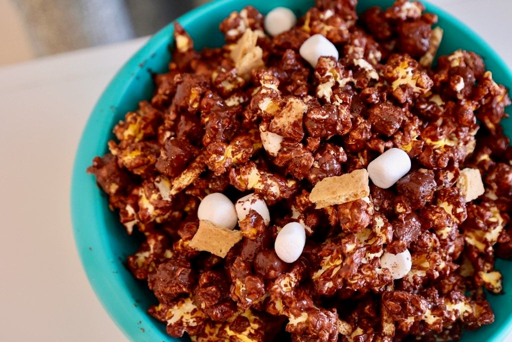 S'mores Popcorn with marshmallows and graham crackers
