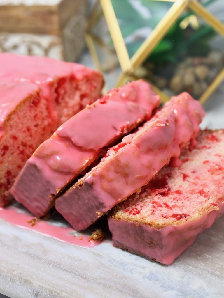 Glazed Cherry Bread that has been sliced for serving