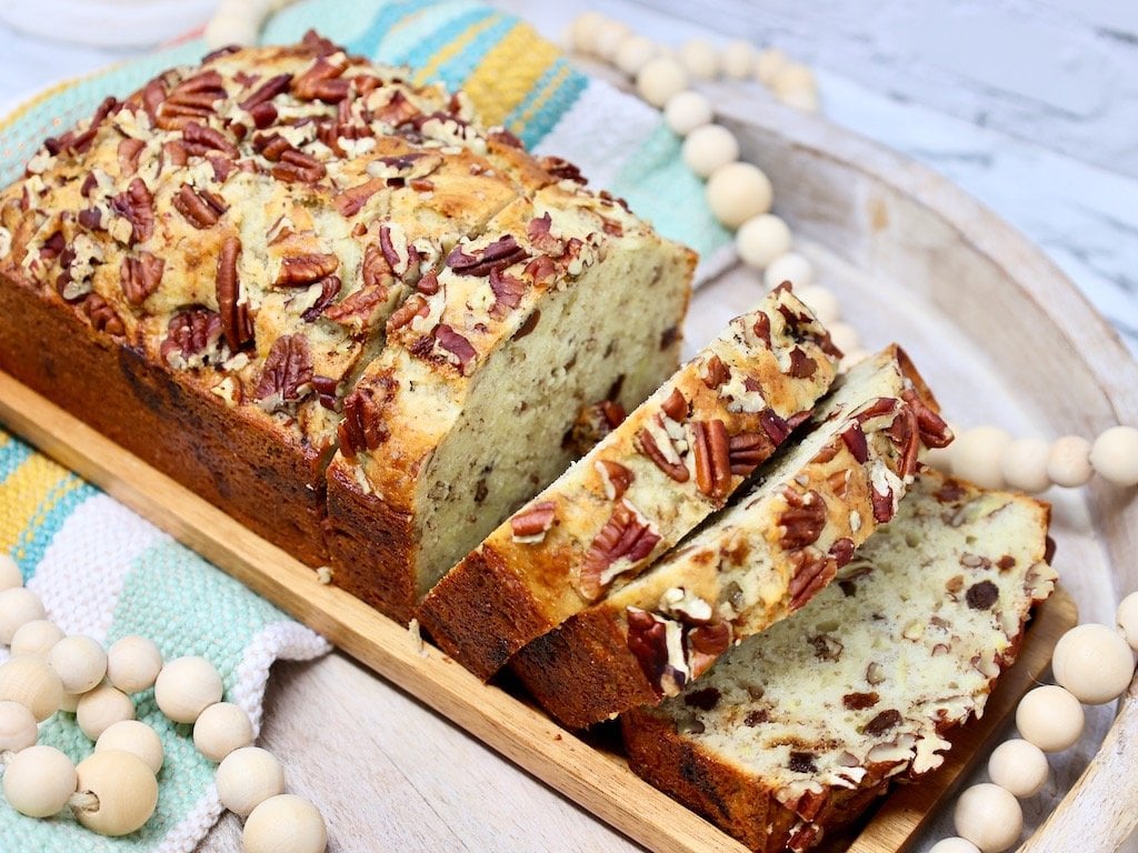 Loaded banana bread with nuts and raisins