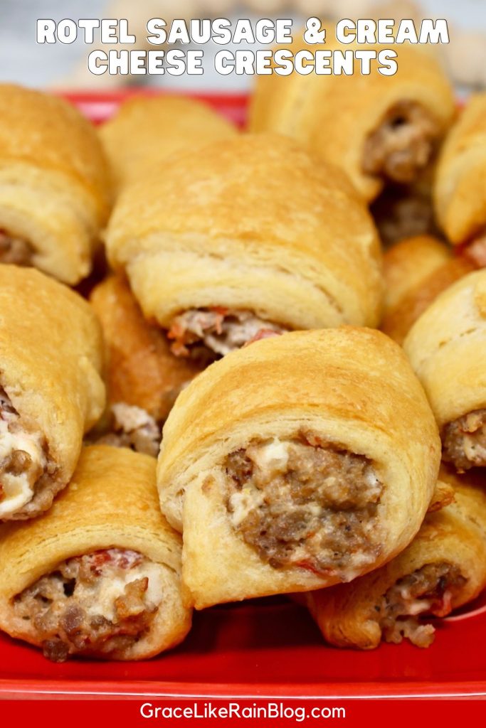 a platter of crescent rolls stuffed with rotel tomatoes and green chiles, cream cheese, and breakfast sausage