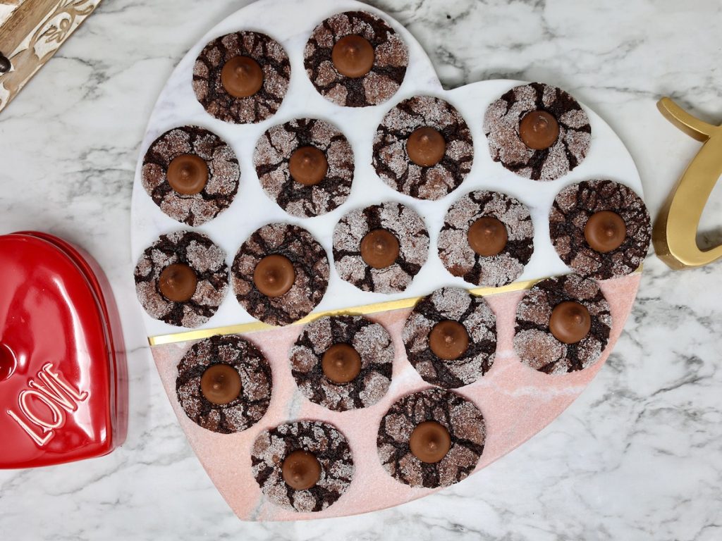 Hershey Kiss Brownie Bites on a heart shaped tray
