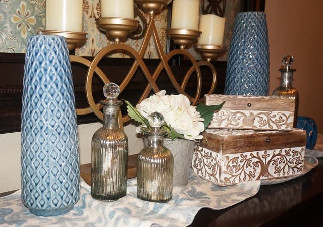 Blue Vase and Mercury Glass Bottles with Decorative Stoppers
