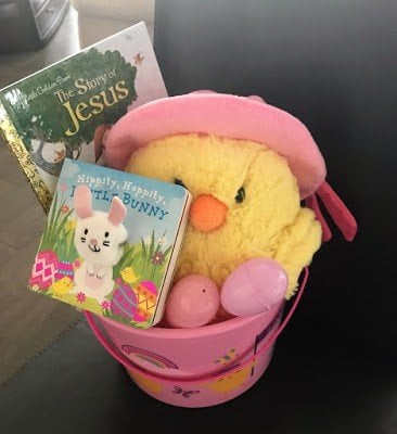 Easter Bucket with Chicken and Books
