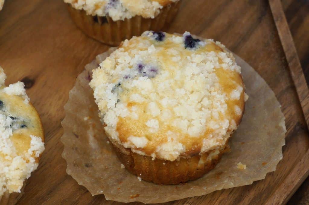 blueberry cream cheese muffins with streusel topping