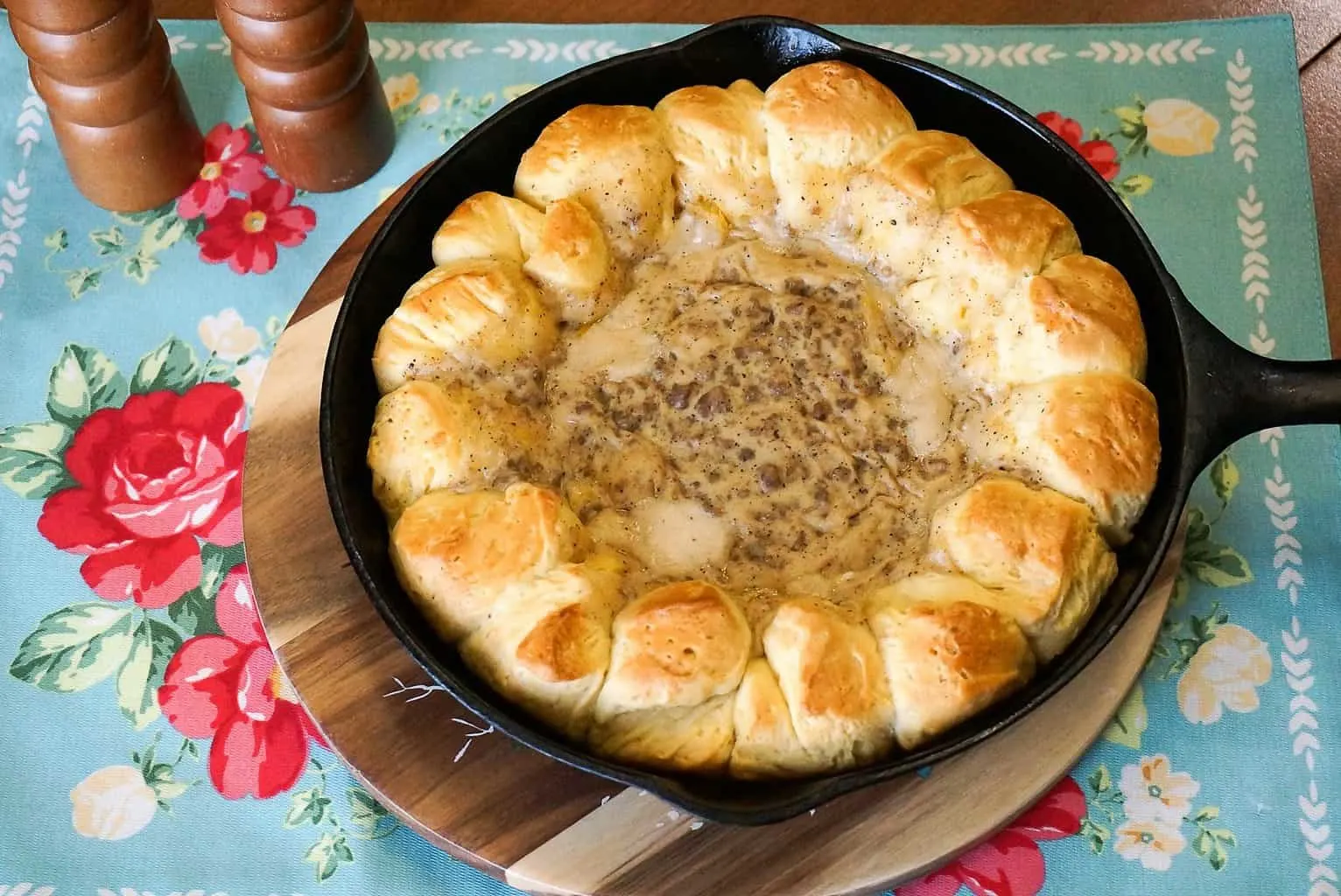 Biscuit and Gravy Ring in Cast Iron Skillet