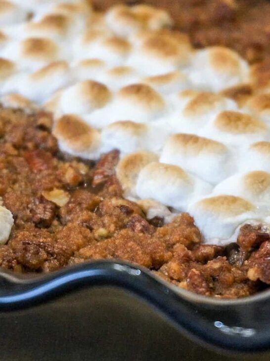Sweet Potato Casserole with Pecan Topping and Marshmallows