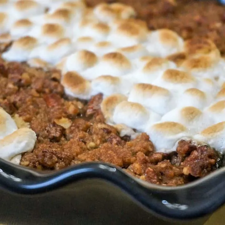 Sweet Potato Casserole with Pecan Topping and Marshmallows