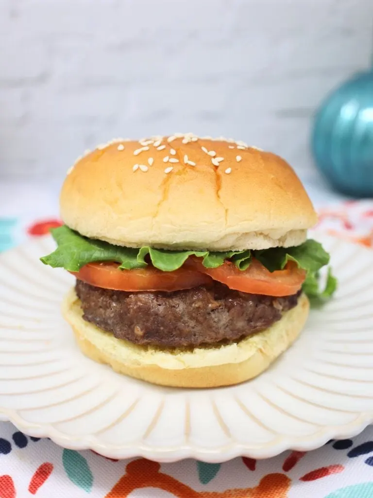 air fryer burger with sesame seed bun