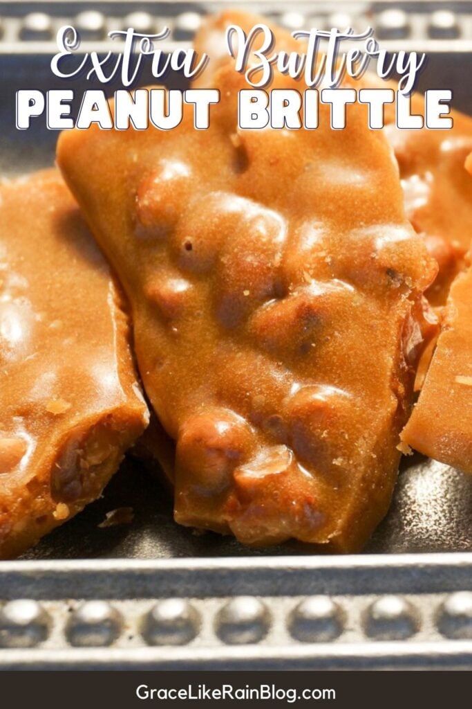 big pieces of peanut brittle on a small metal tray showing the candy's detail