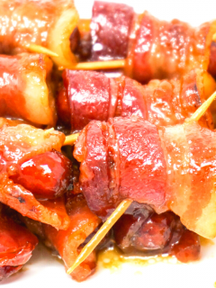bacon wrapped smokies with brown sugar and butter sauce