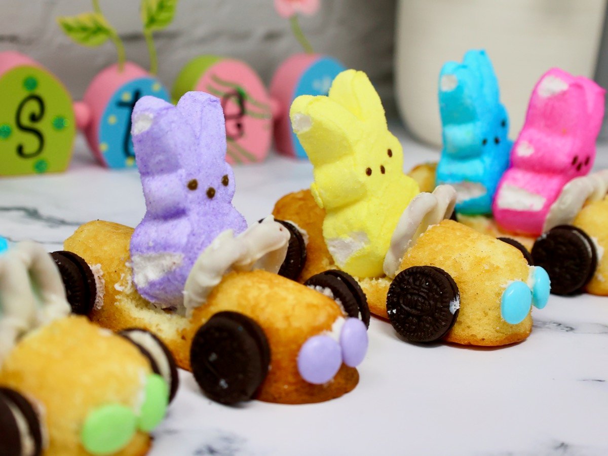 peeps race cars made from twinkies with marshmallow peeps bunnies driving them