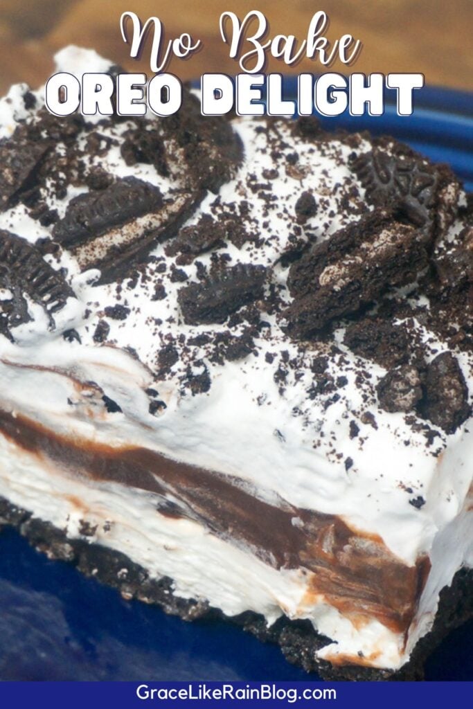 no bake oreo delight topped with crushed up cookies