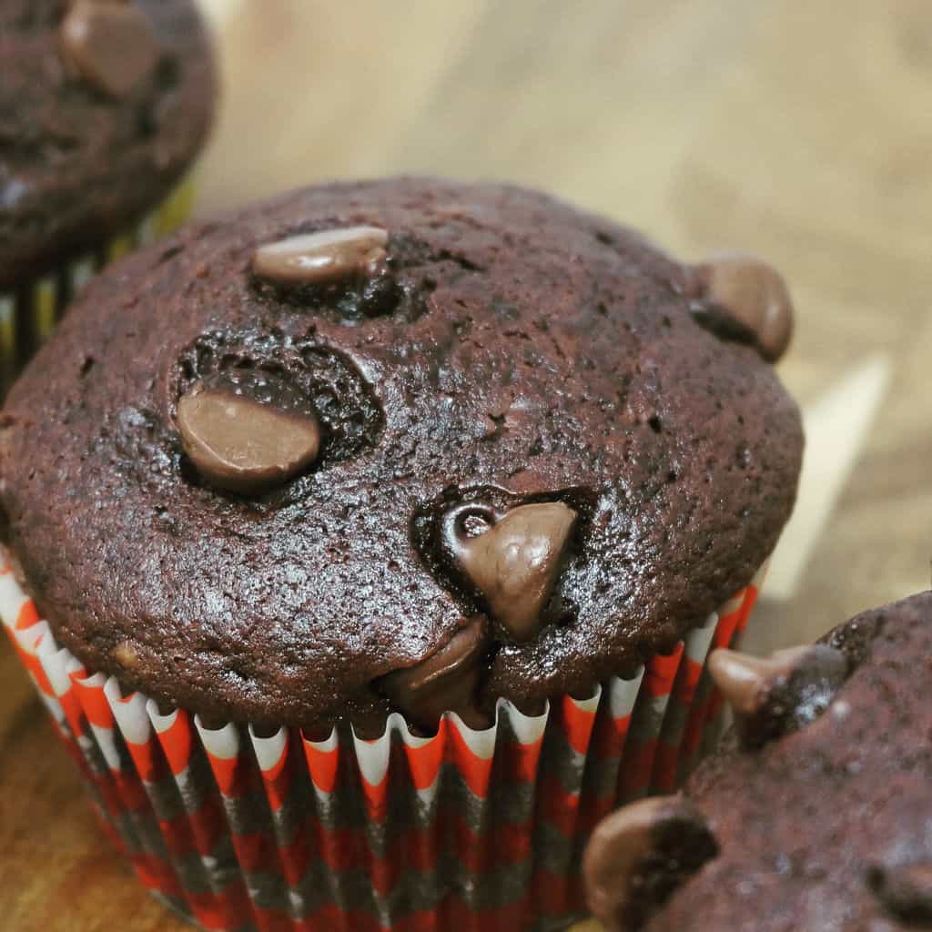 Double Chocolate Muffins in paper wrappers