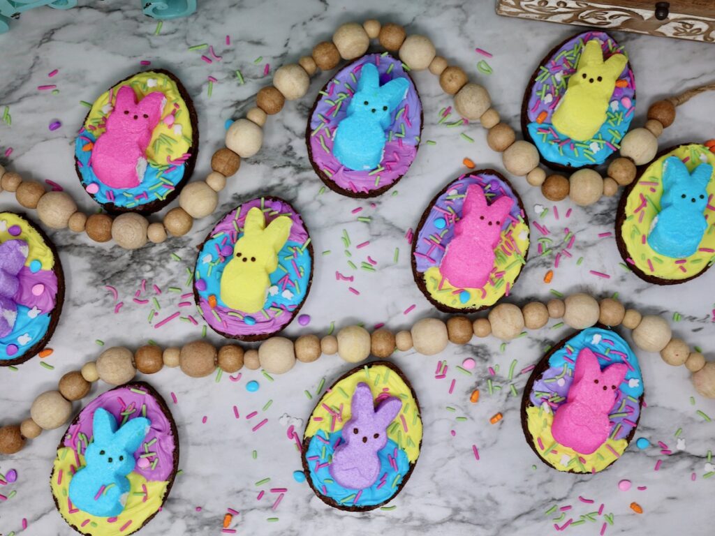 easter brownies egg shaped with peeps bunnies 
