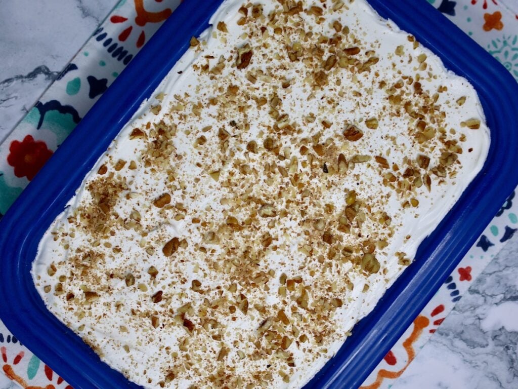 a finished pan of four layer delight ready for serving