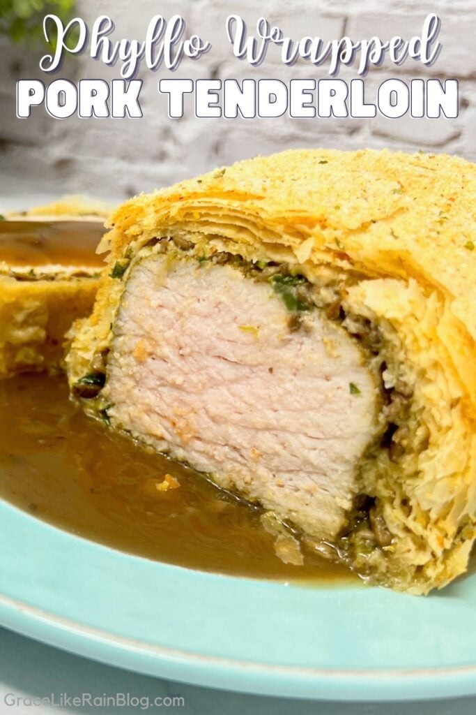 pork tenderloin rolled in phyllo dough for a flaky layer and served with mushroom gravy