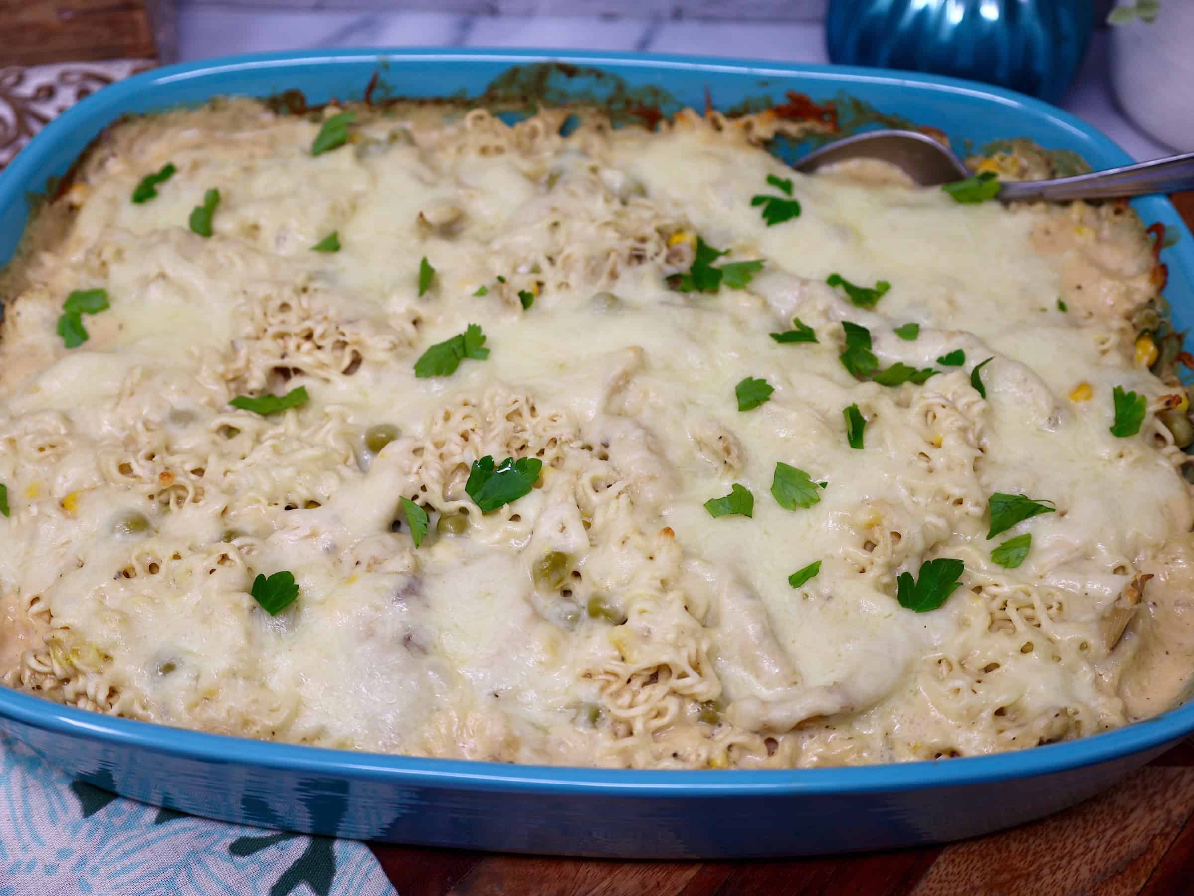 ramen chicken alfredo bake featured image