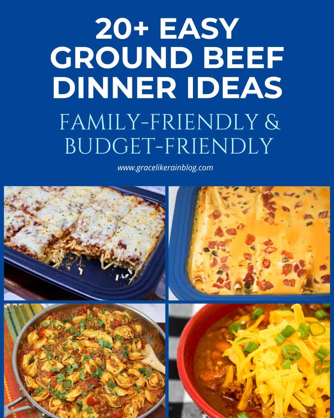 Easy ground beef dinner ideas including spaghetti, enchilada casserole, sloppy joes, and chili