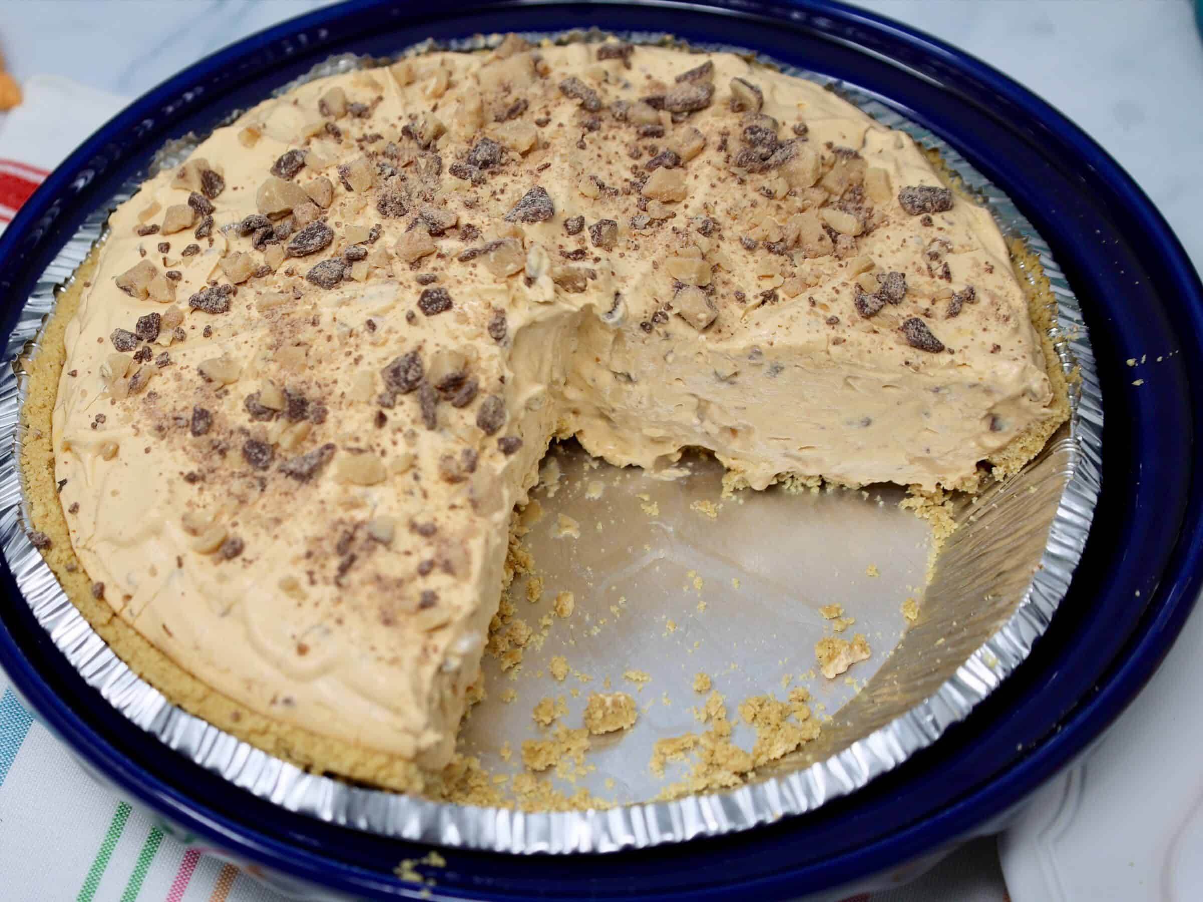 No bake butterscotch pie served at potluck dessert table