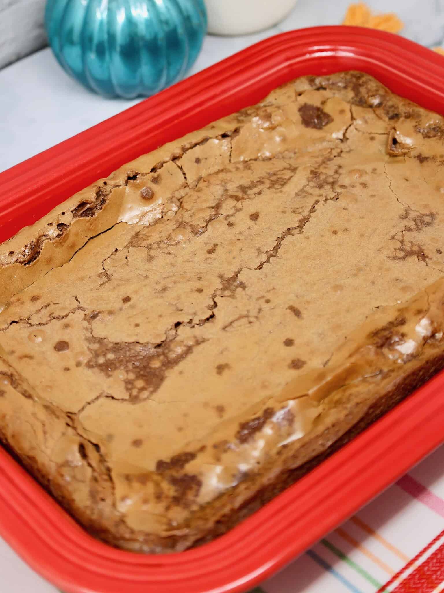 Chocolate cake mix dessert bars cooling in baking pa