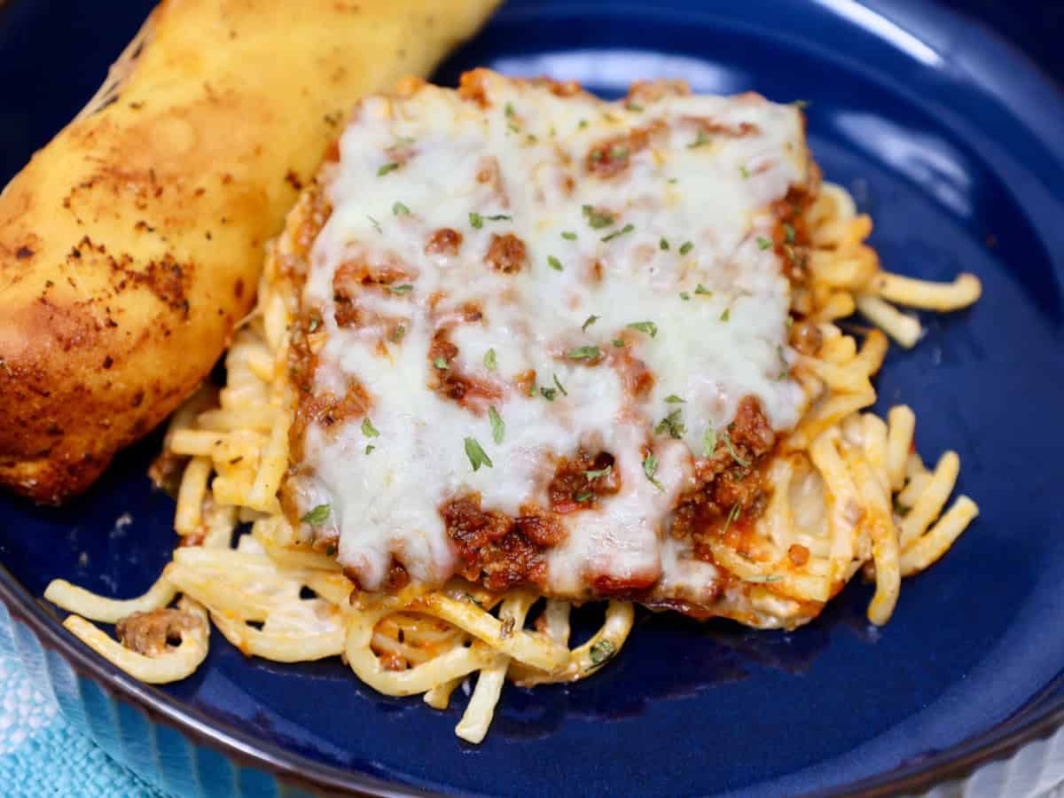 million dollar spaghetti alfredo with ground beef that is perfect for a weeknight dinner