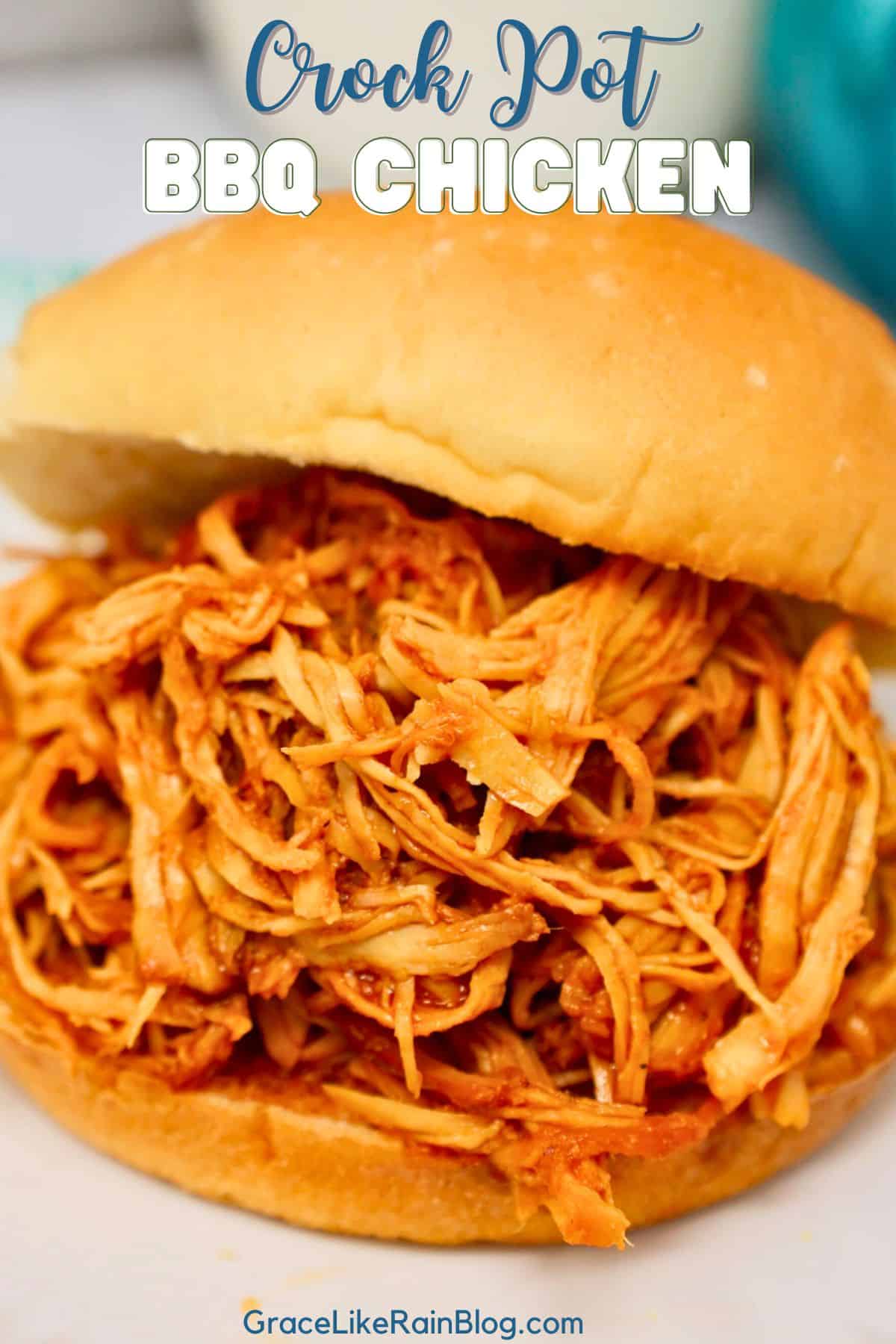 Crockpot BBQ chicken served on a toasted bun with shredded slow cooker barbecue chicken