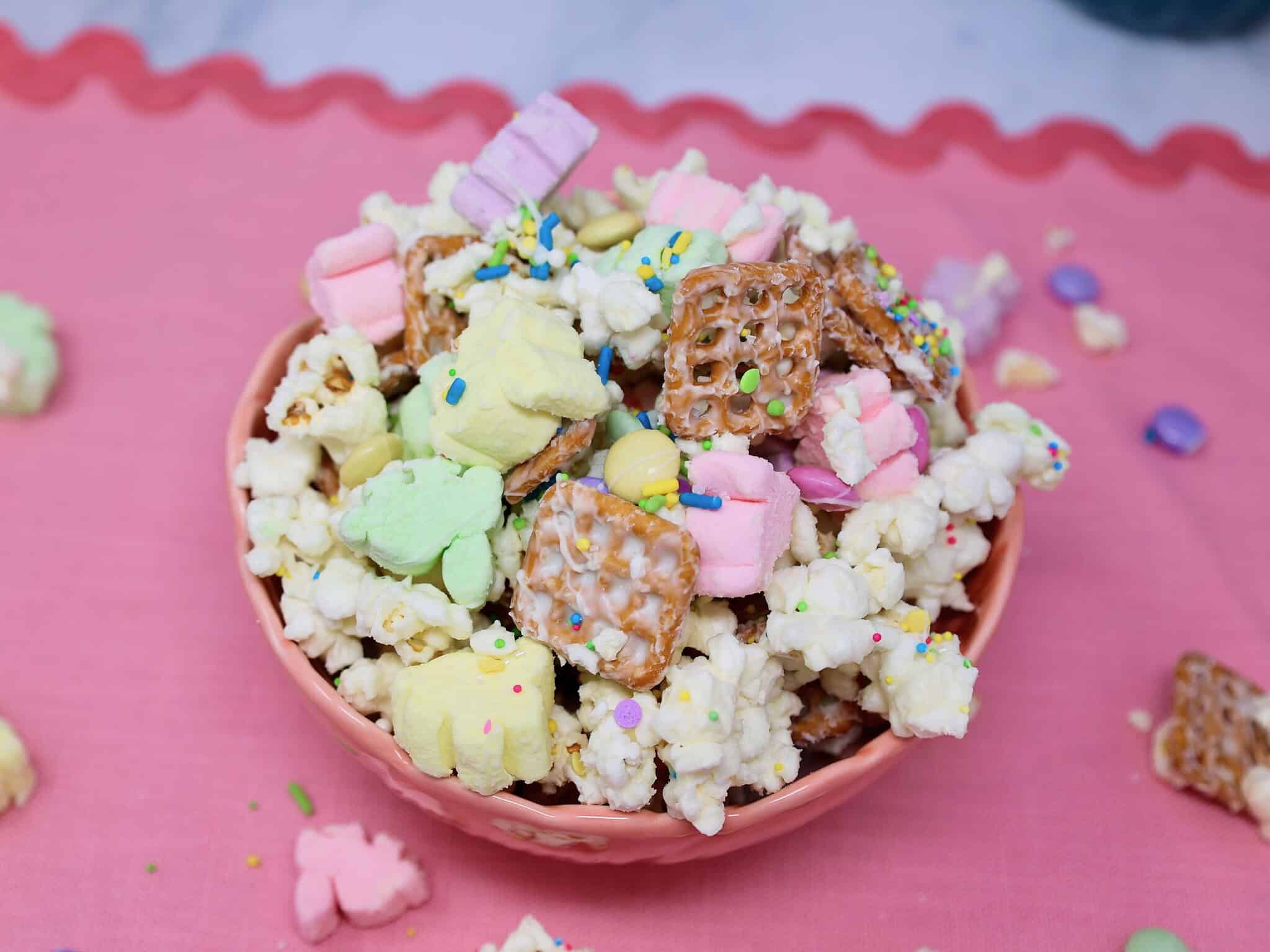 Festive Easter snack mix served in a bowl for spring party or Easter dessert table