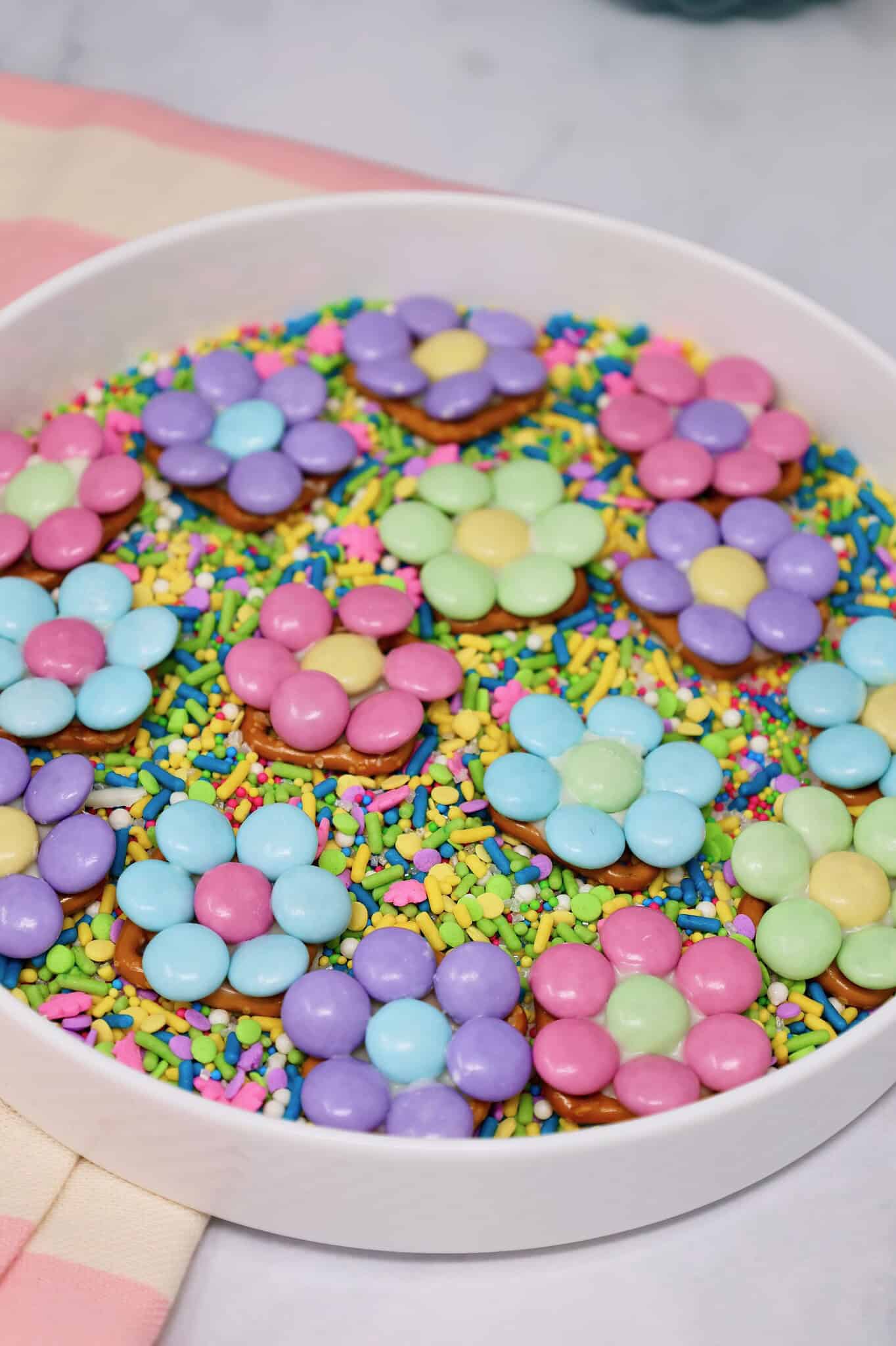 easy Easter pretzel treats with colorful M&Ms and waffle pretzels