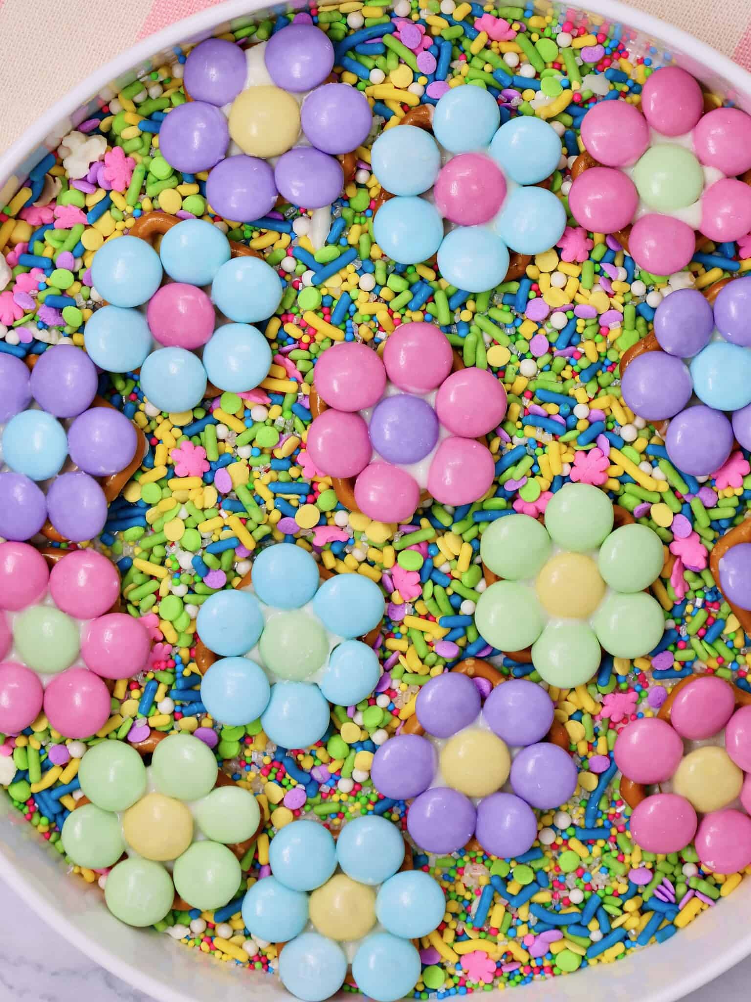 sweet and salty Easter pretzel flowers candy treat close up