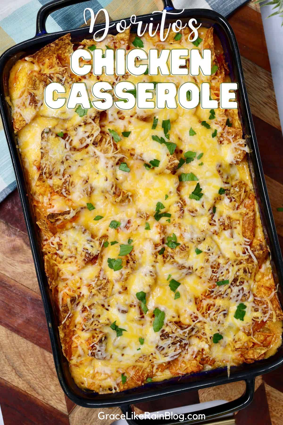 Doritos chicken casserole baked in a 9x13 dish with melted cheese on top