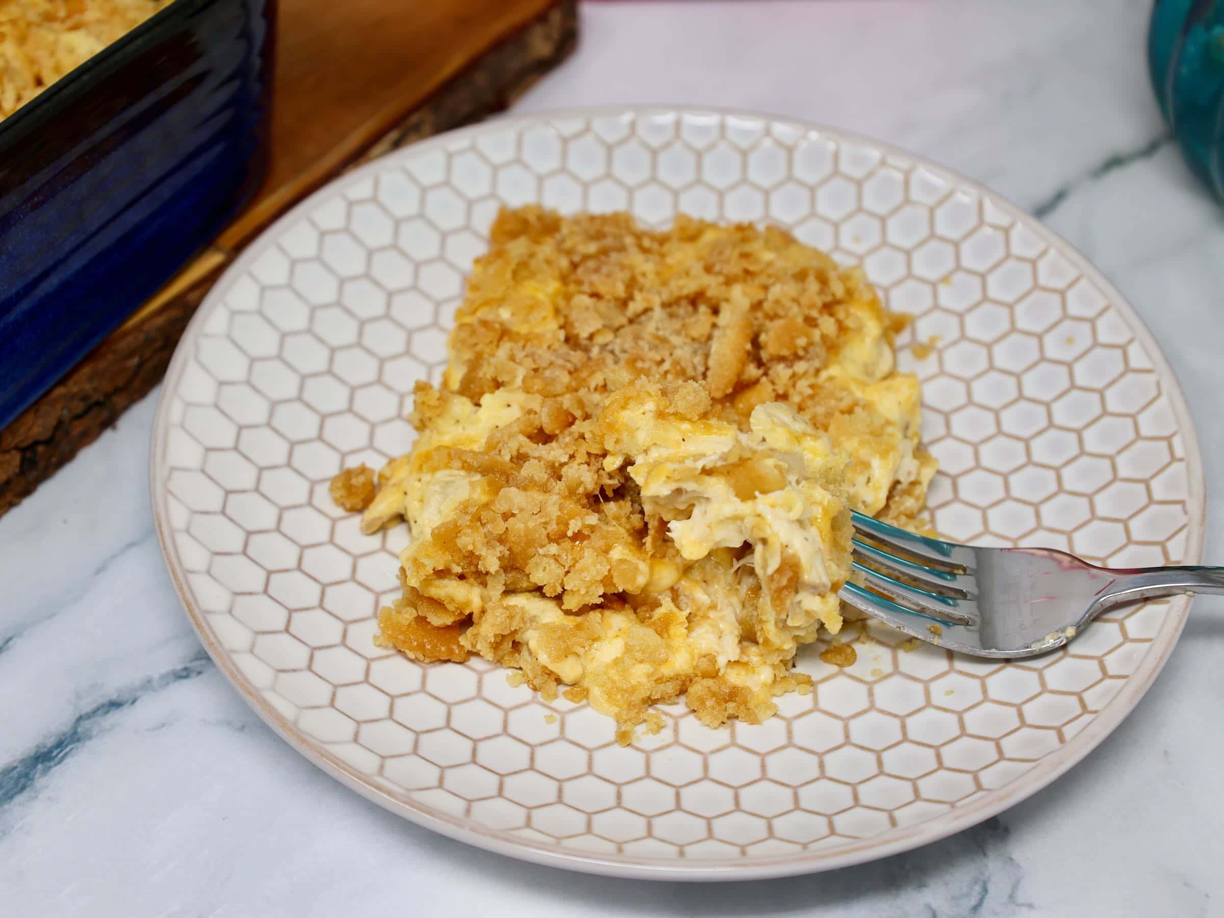 serving ritz chicken casserole from baking dish