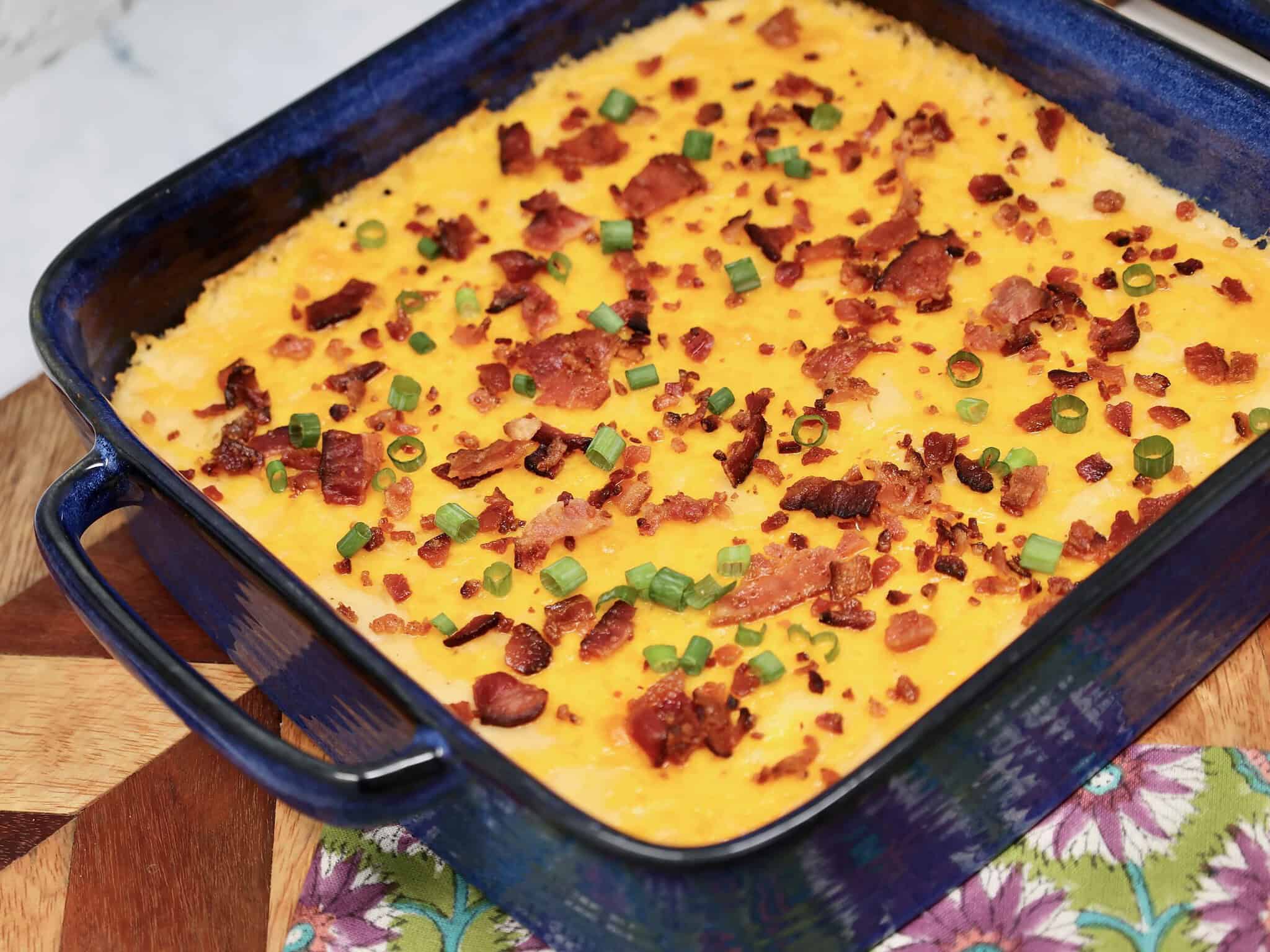 creamy cheesy mashed potato casserole fresh out of the oven