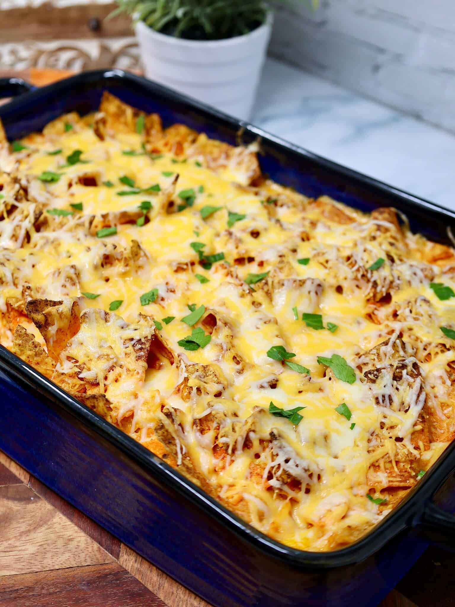 cheesy Doritos chicken casserole fresh out of the oven