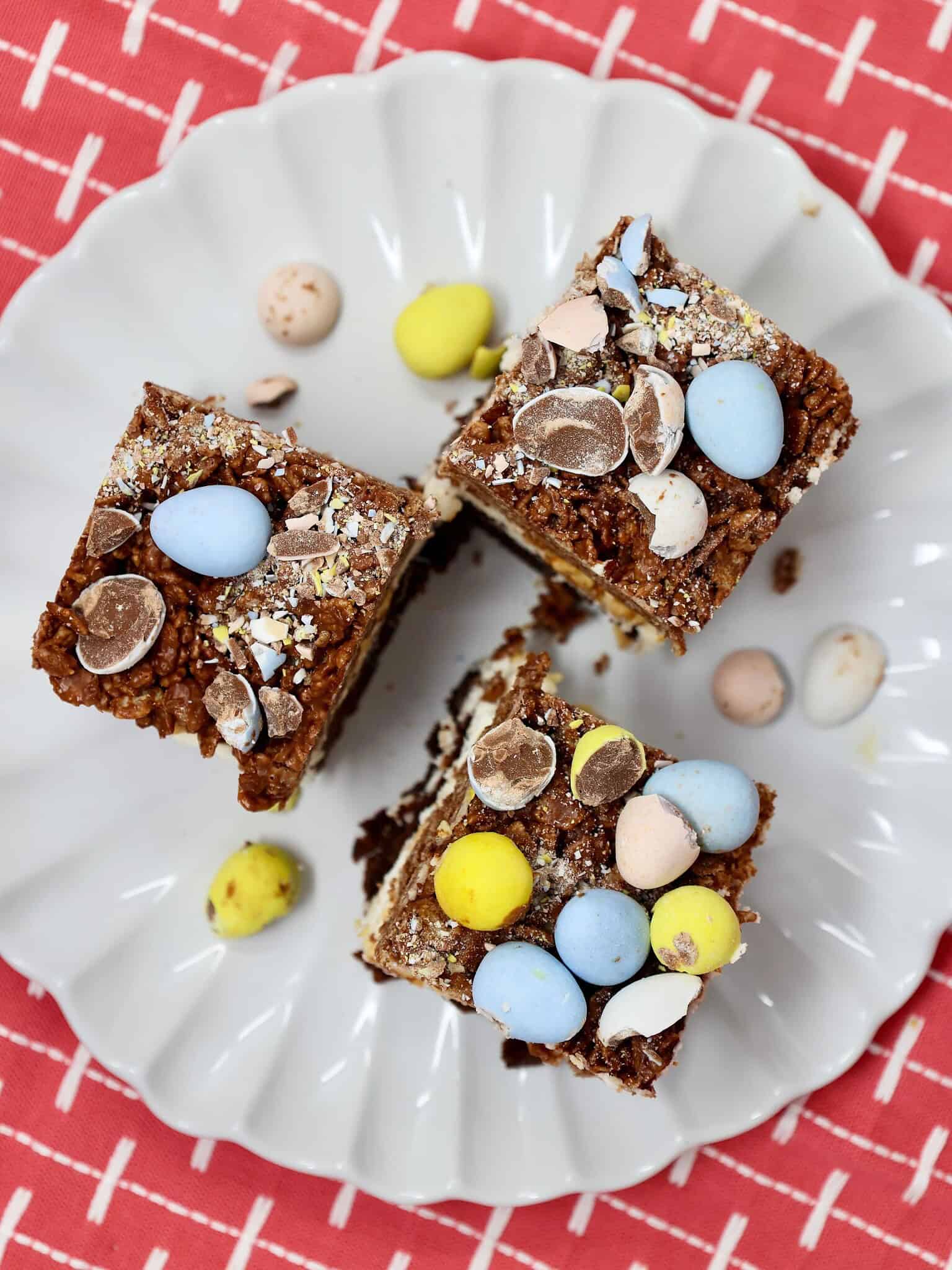 brownies with crunchy Rice Krispie layer and frosting