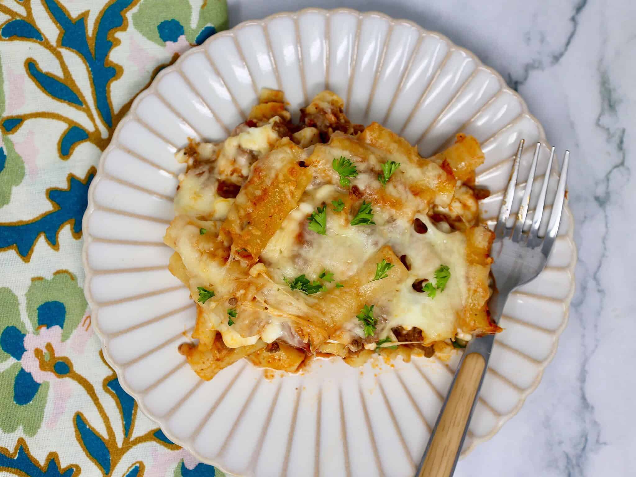 Creamy cottage cheese baked pasta with marinara sauce and mozzarella