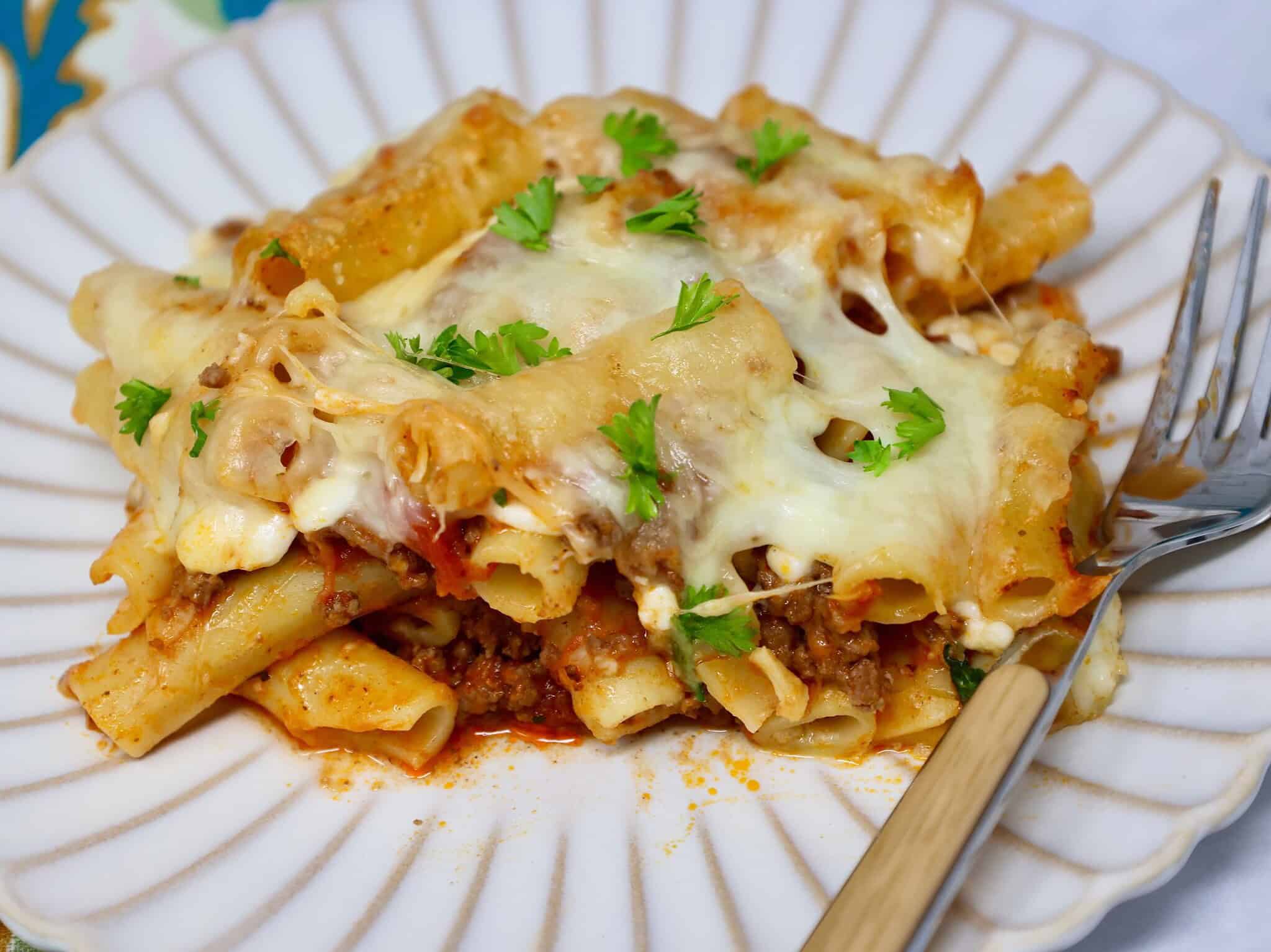 Easy weeknight baked ziti casserole with cottage cheese and beef