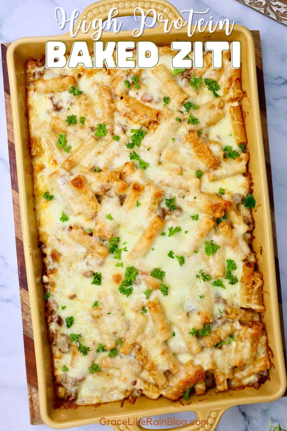 High protein baked ziti casserole with cottage cheese and marinara sauce