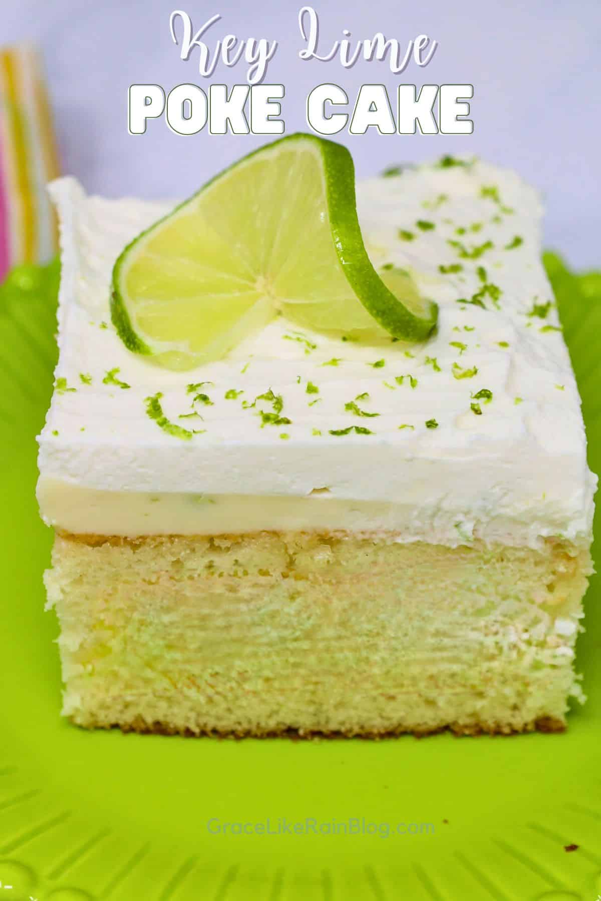 slice of key lime poke cake with creamy condensed milk filling and lime zest