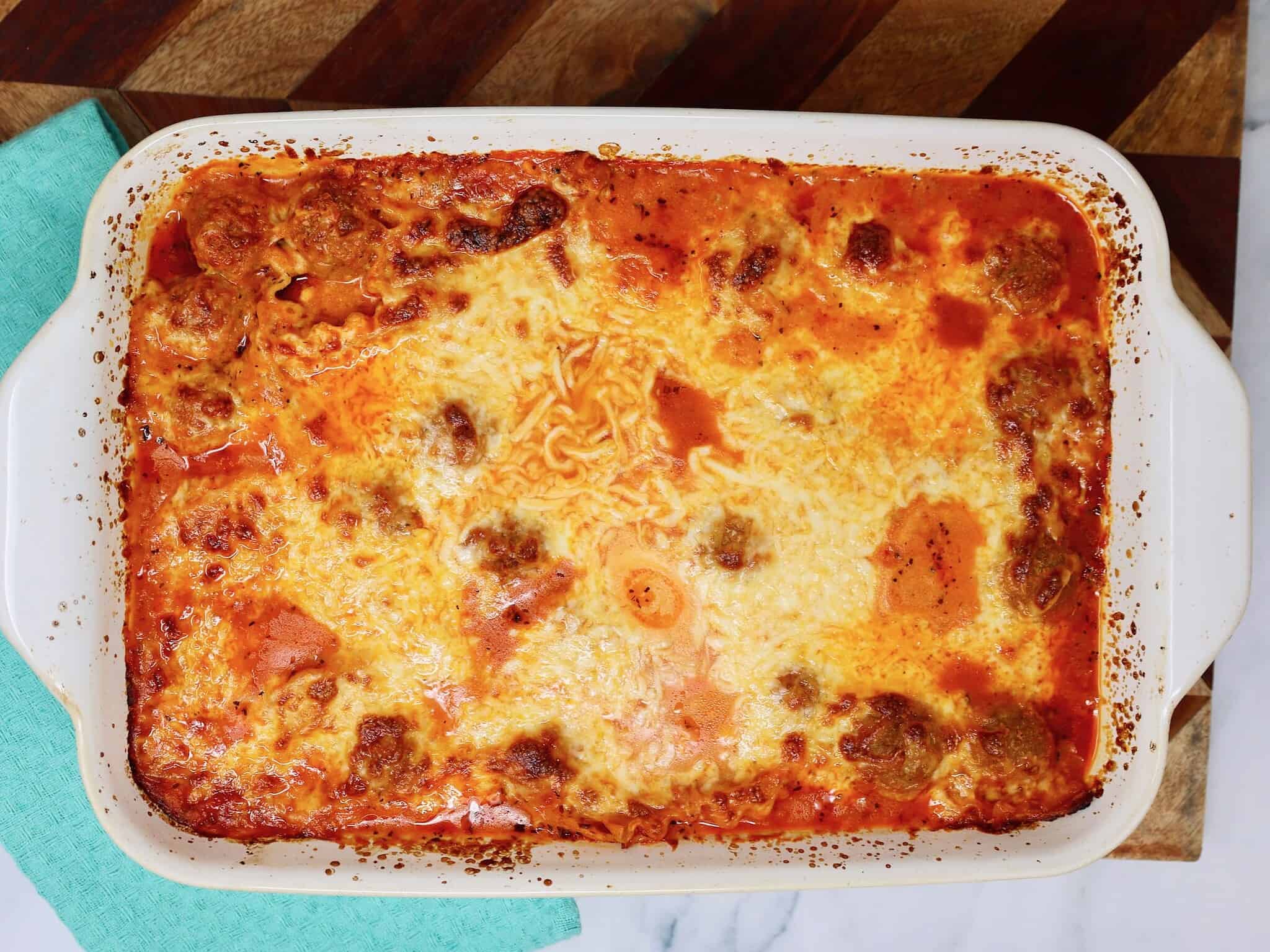 Cheesy lazy lasagna casserole fresh from the oven in a baking dish