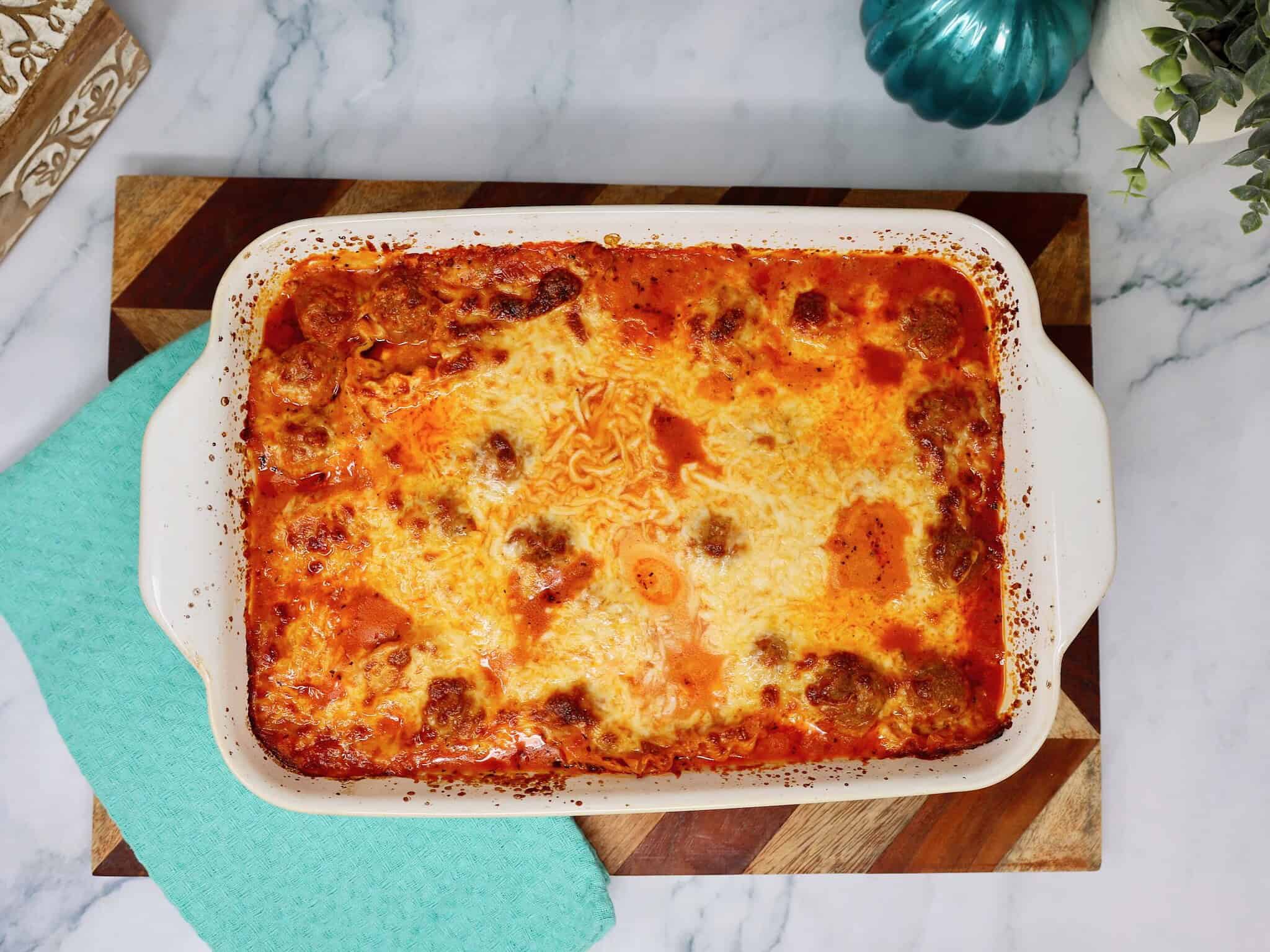 No-boil lazy lasagna recipe baking in a 9x13 casserole dish