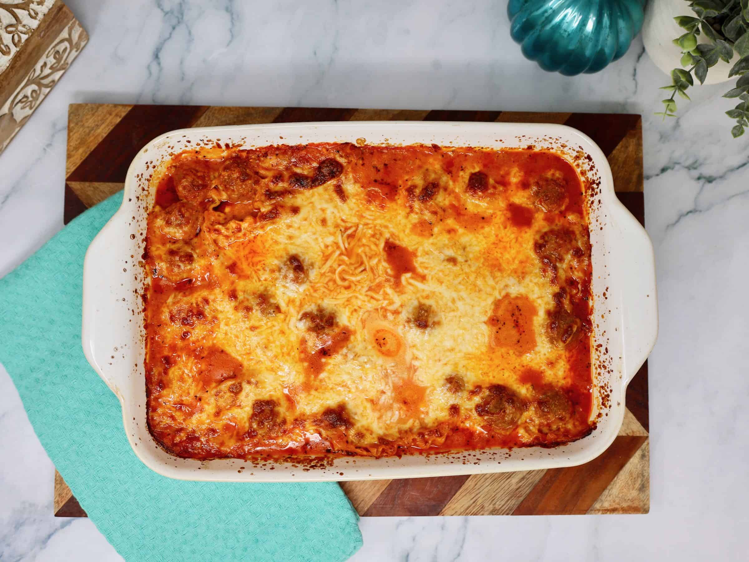 Homemade lazy lasagna topped with golden melted mozzarella cheese, easy dinner recipe