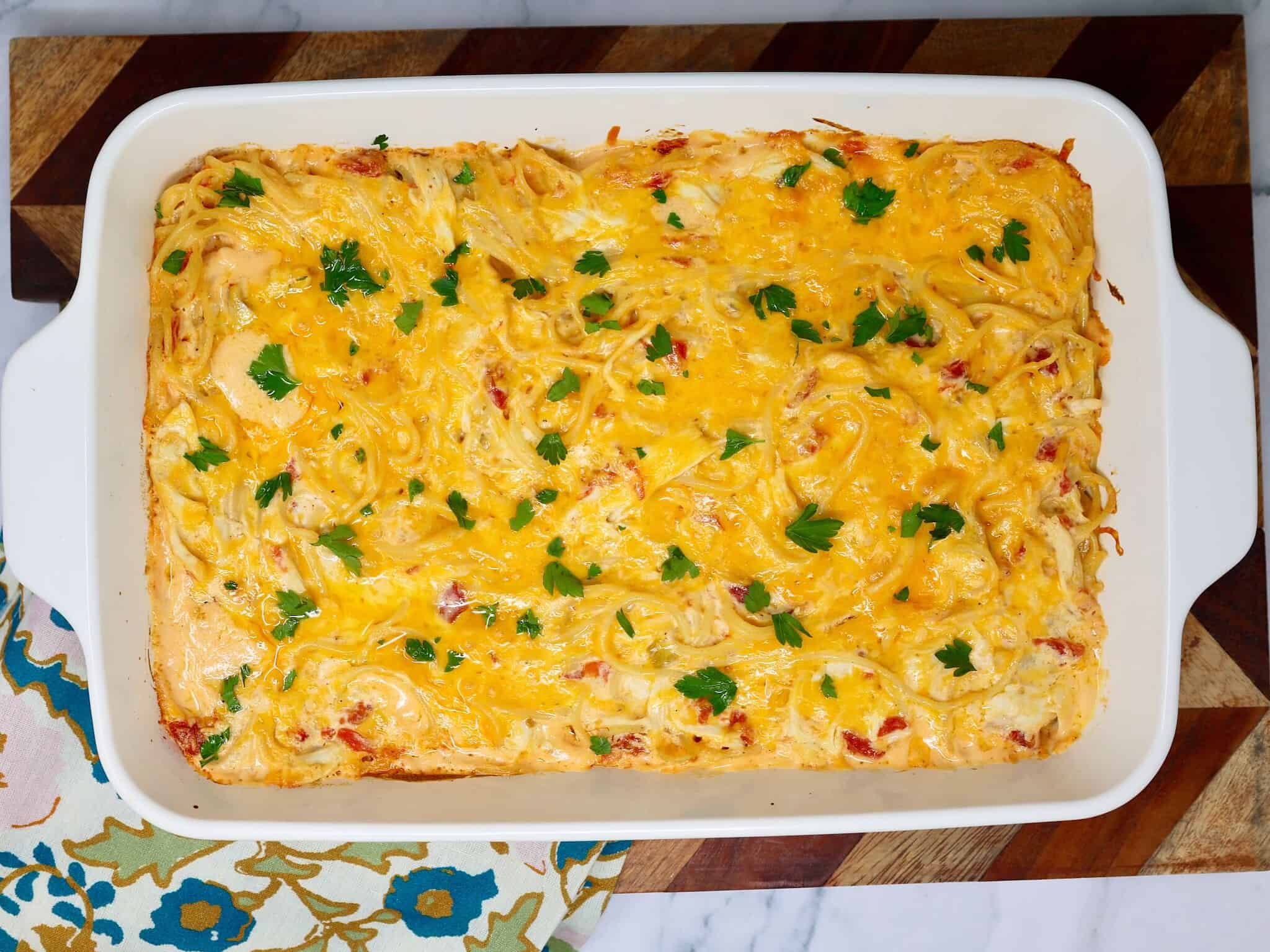 9x13 pan of easy rotisserie chicken spaghetti casserole ready to serve