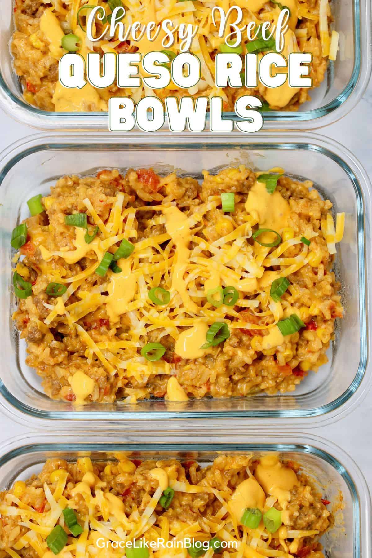 Easy Ground Beef Queso Rice Bowls topped with green onions and shredded cheese