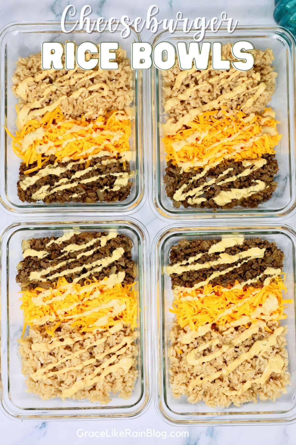 Cheeseburger Rice Bowls with seasoned ground beef, cheddar cheese, burger sauce, pickles, lettuce, and tomatoes