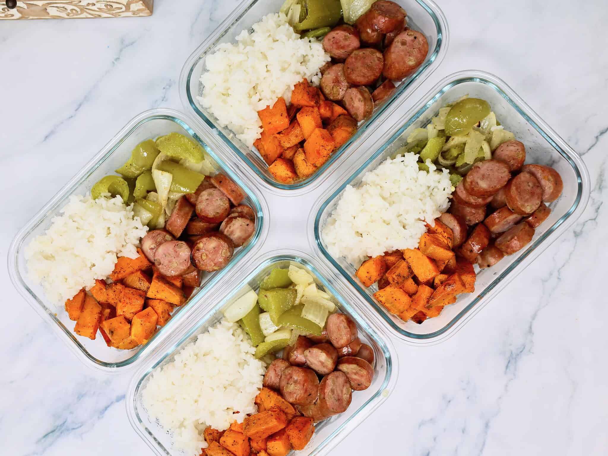 Chicken apple sausage, sweet potatoes, bell peppers, onion, and rice for meal prep
