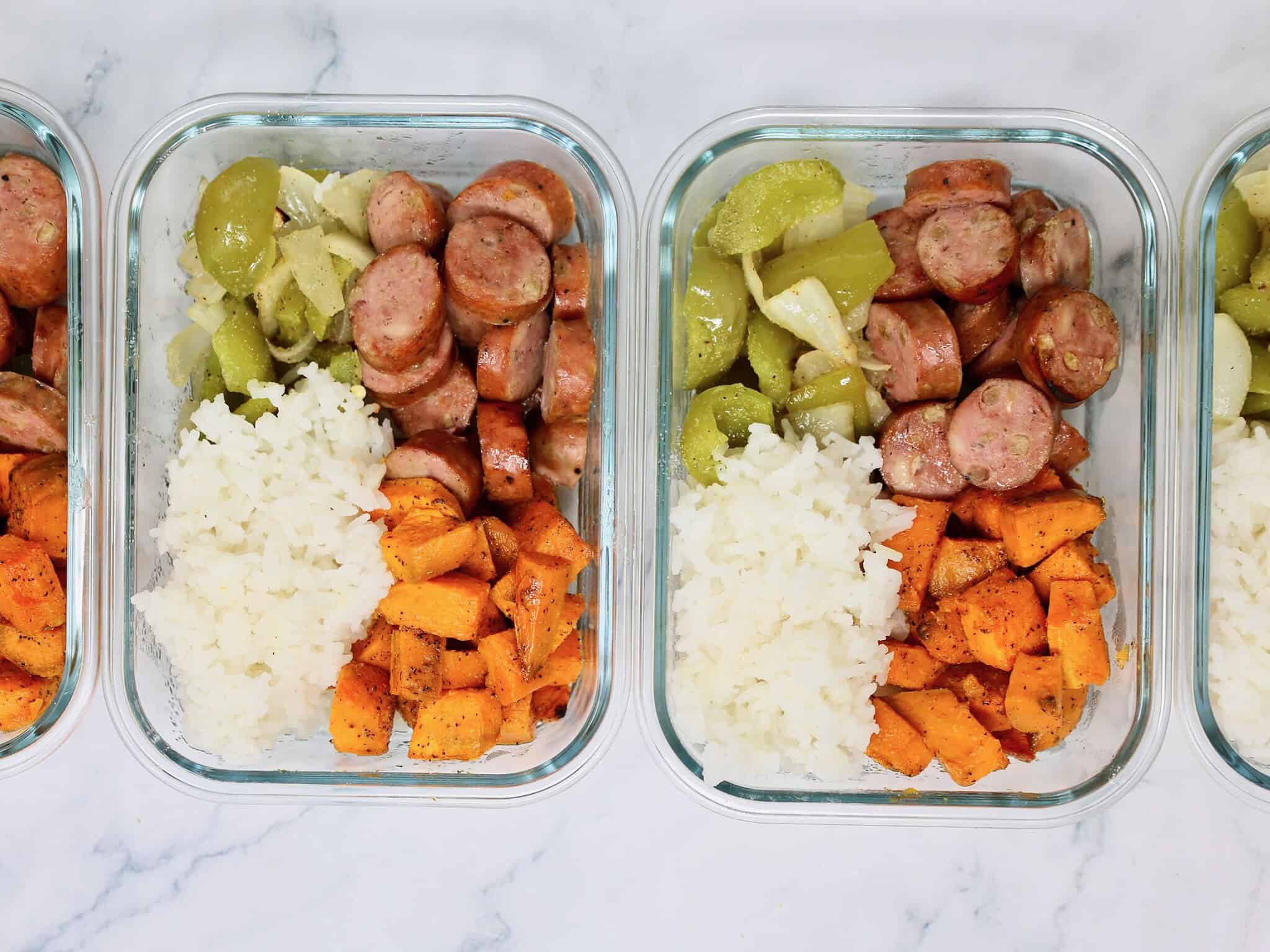 Healthy chicken apple sausage bowl with roasted sweet potatoes and buttery rice