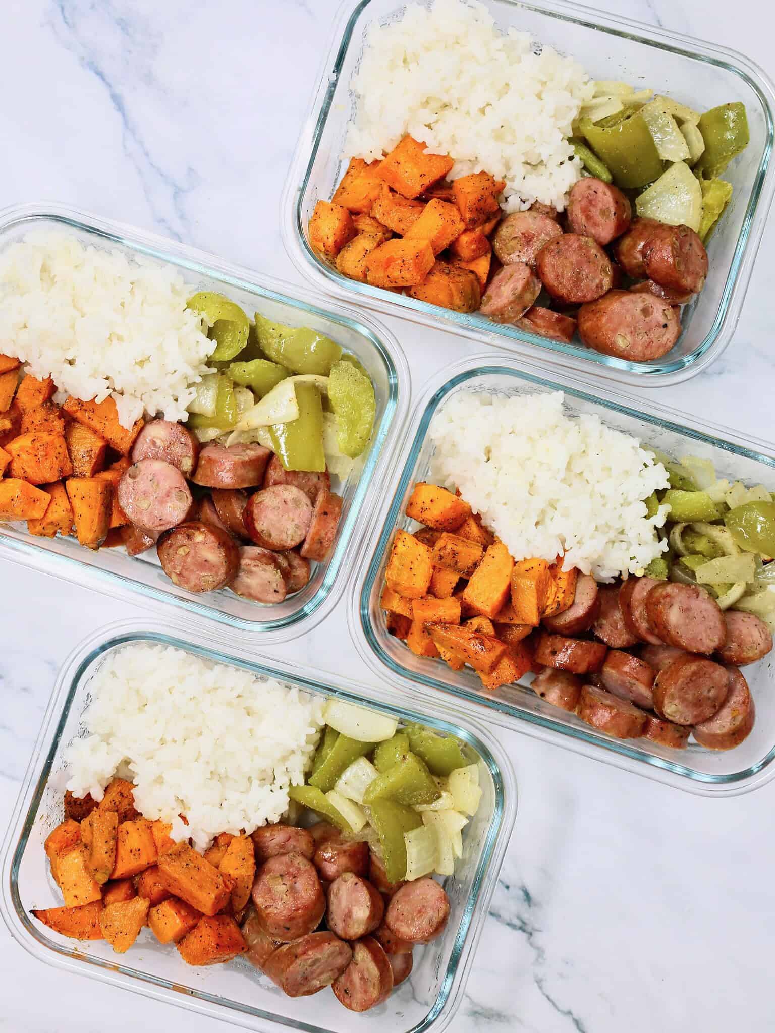 Sweet potato meal prep bowls with chicken apple sausage and jasmine rice