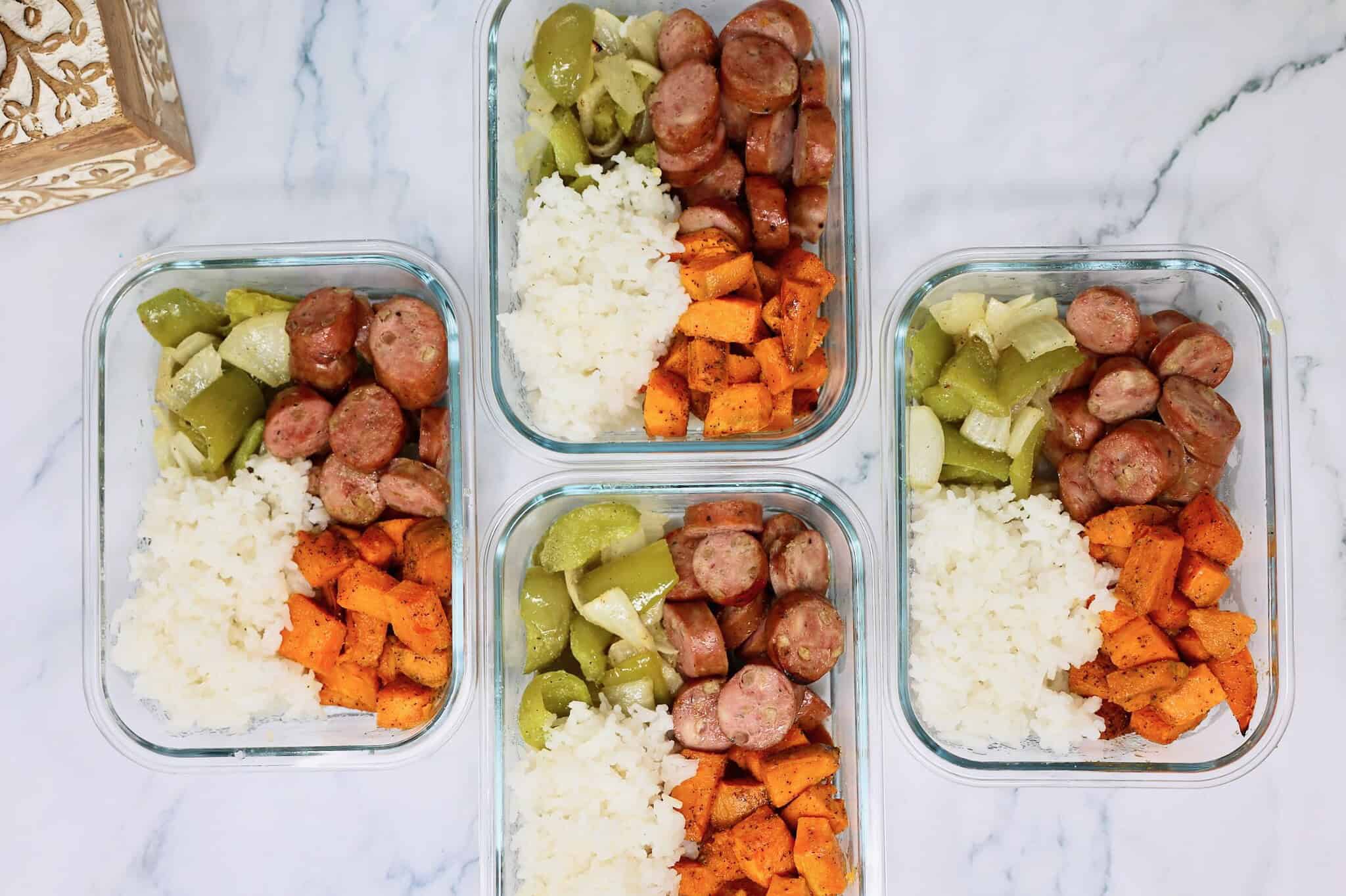 Chicken sausage sweet potato bowl ready for meal prep lunches